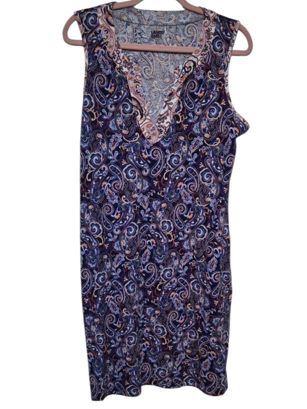 Lands' End Paisley Sleeveless Knit Dress Blue Pockets Size M 10-12